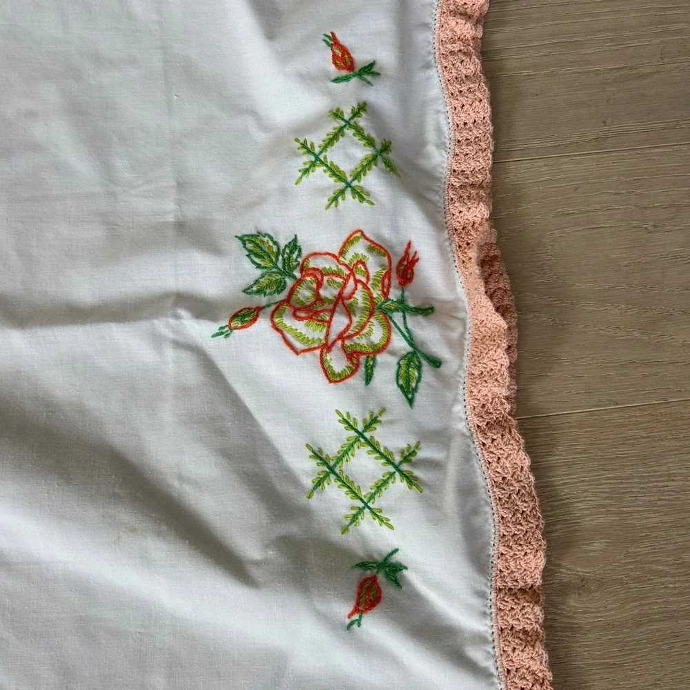 (3) Vintage Hand Embroidered Pillowcase Set Bird Floral Rose Crochet Trim White